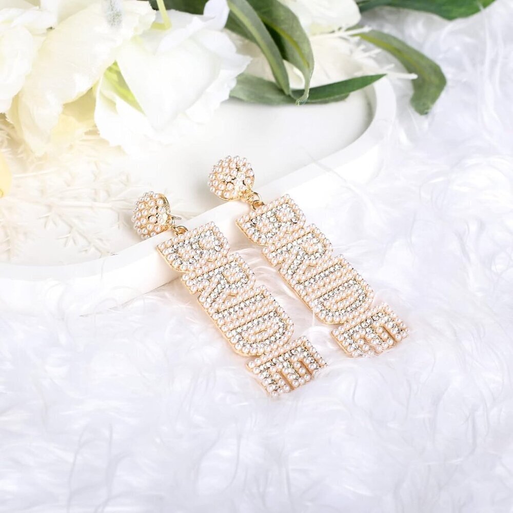 Bride Earrings Beaded Rhinestone Bridal Jewelry for Bachelorette Party - Picture 5 of 7